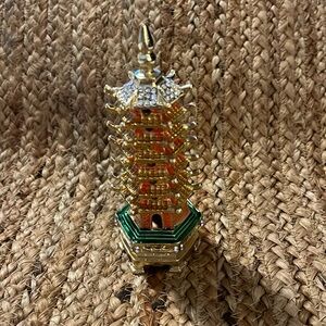 Wenchang Tower Pagoda Bejeweled Hinged Metal Enameled Rhinestone Trinket Box.